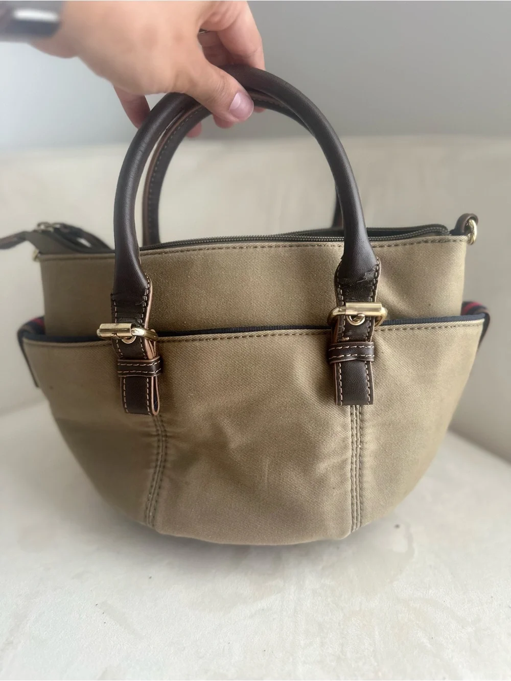 Tommy Hilfiger Olive Green Satchel with Dark Brown Handles & Gold Hardware